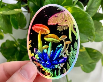Holographic mushroom crystal sticker, vinyl sticker, waterproof mushroom sticker, holographic laptop decal
