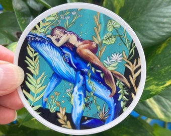 Mermaid and whale waterproof sticker, laptop decal, water bottle decal, aesthetic sticker, digital art sticker, vinyl sticker