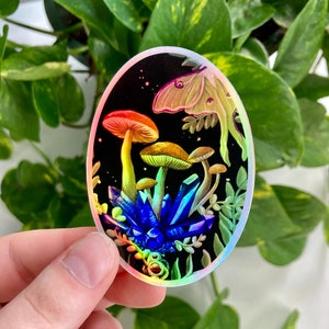 Holographic mushroom crystal sticker, vinyl sticker, waterproof mushroom sticker, holographic laptop decal