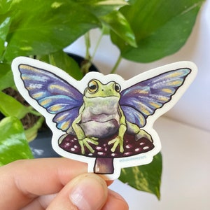 Fairy frog waterproof sticker, vinyl frog sticker, winged frog laptop decal, cottagecore frog sticker