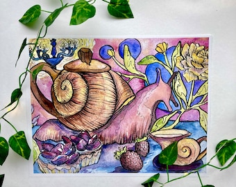 Konsttryck med snigeltebjudning - Cottagecore rumsdekor - Akvarell snigeltryck - Fairycore snigelkonst - Tebjudningsaffisch - Unik snigeldekor