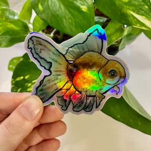 Holographic Goldfish waterproof sticker, vinyl goldfish sticker, holographic goldfish laptop decal, cottagecore fish sticker