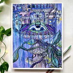 Mushroom city Art Print, fantasy wall art, mushroom home decor