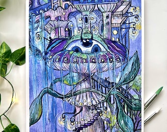 Mushroom city Art Print, fantasy wall art, mushroom home decor