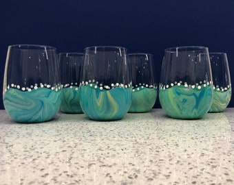Festive Hand Painted Stemless White Wine Glasses-PICK TWO!