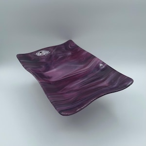 Festive Fused Glass Plate in Purple and White Swirls - 10.5&#39; x 7&quot;