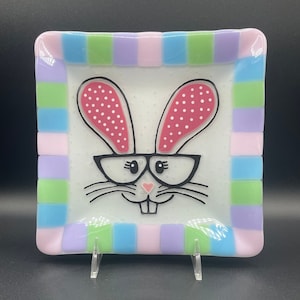 Festive Fused Glass Bunny Plate - 8.5" square