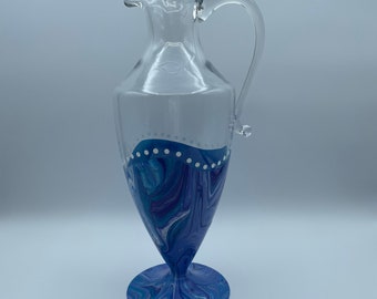 Festive Hand Painted Glass Pitcher- 12” tall - 46 oz
