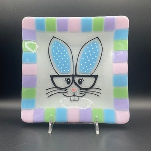 Festive Fused Glass Boy Bunny Plate - 9" square