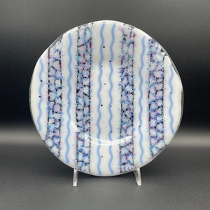 Festive Fused Glass Plate - White with patterned stripes in blues,  purples and pink - 9.5” diameter