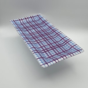 Festive Fused Glass Plaid Platter in violet, blue and white - 14.5” x 7.25”