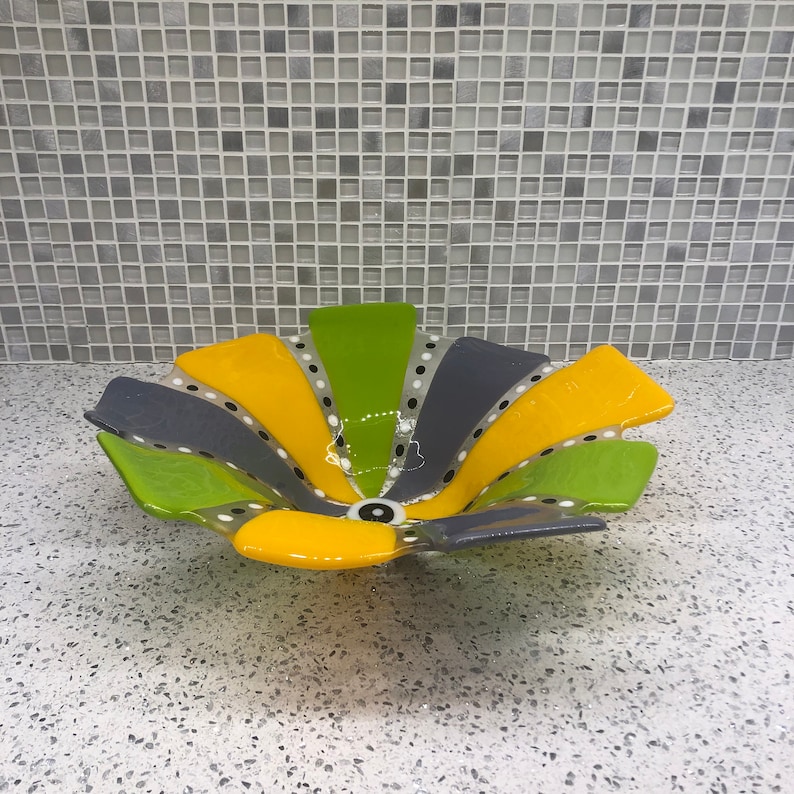 Approx 12 diameter Festive Fused Glass Wavy Bowl in Purple Yellow and Lime Green