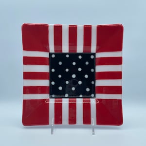 Festive Red, White and Black Fused Glass Shallow Bowl - 9.5&quot; square