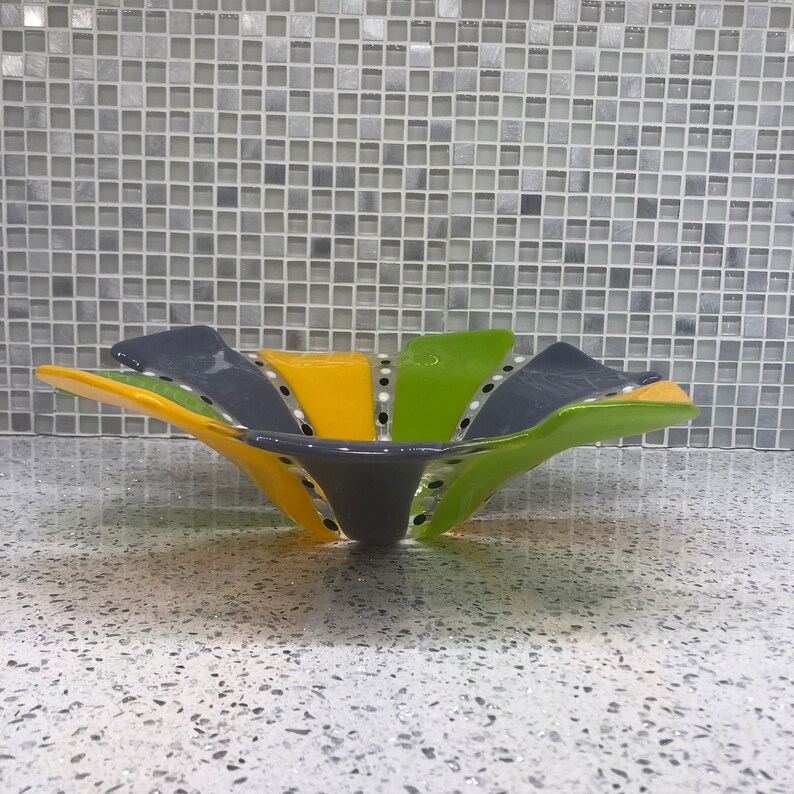 Approx 12 diameter Festive Fused Glass Wavy Bowl in Purple Yellow and Lime Green