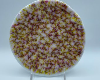 Festive Fused Glass Round Plate in pink, yellow and purple - 8.75” diameter