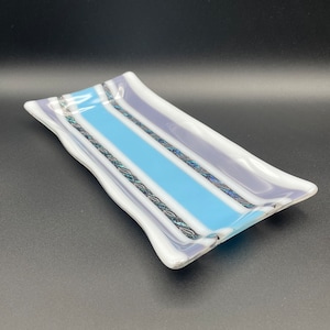 Festive Fused Glass Dish in Blue, White and Dusty Purple- 11.25” x 5.5”