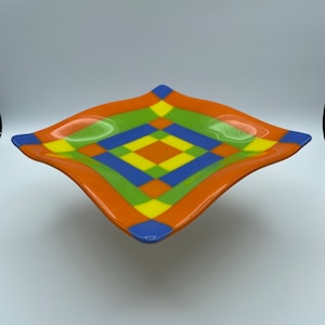 Festive Fused Glass Geometric Plate in Blue, Green, Yellow and Orange - 9&quot; square
