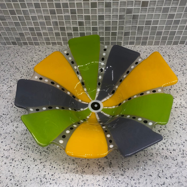 Approx 12 diameter Festive Fused Glass Wavy Bowl in Purple Yellow and Lime Green