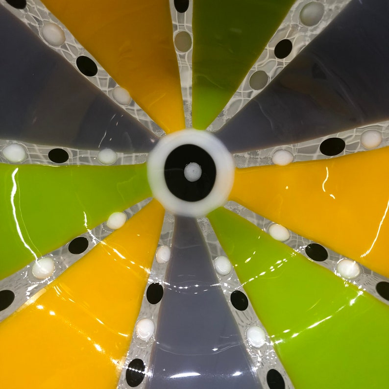 Approx 12 diameter Festive Fused Glass Wavy Bowl in Purple Yellow and Lime Green