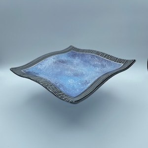 Festive Fused Glass Plate in swirled blues, purples and white - 9&quot; square