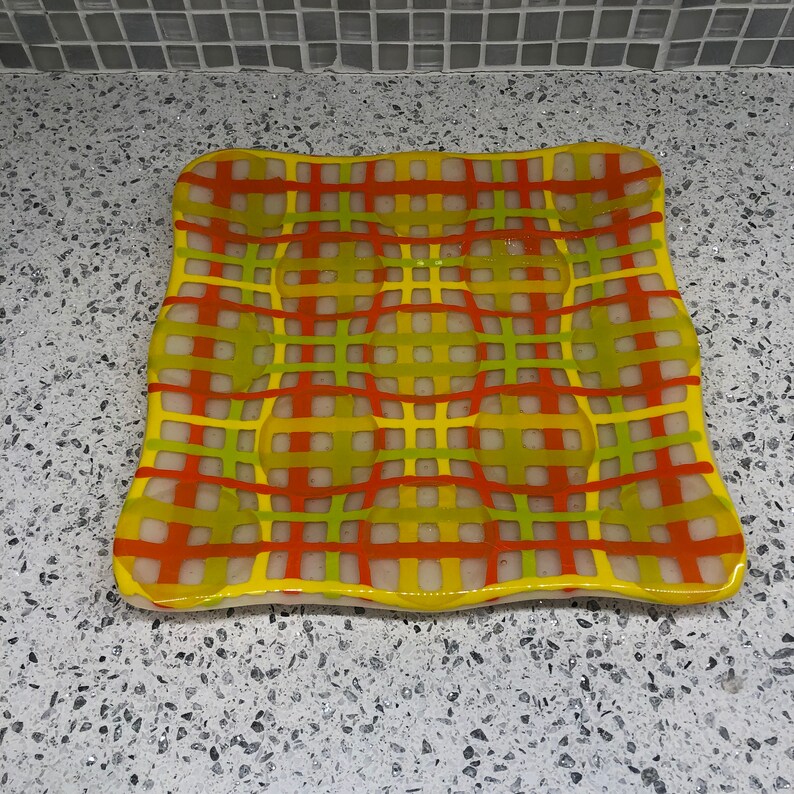 Festive Fused Glass Optics Plate 8 x 8 square Etsy