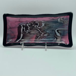 Festive Fused Glass Plate-Pink with black, white and gray drizzle - 11.25&quot; x 5&quot;