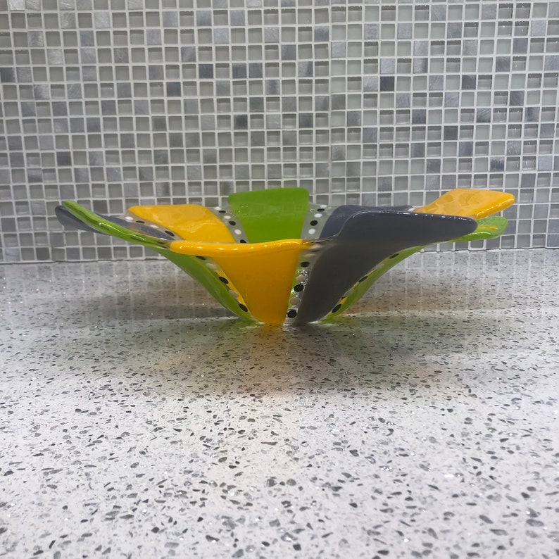 Approx 12 diameter Festive Fused Glass Wavy Bowl in Purple Yellow and Lime Green
