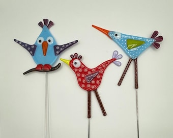 Festive Fused Glass Funky Bird Plant/Yard stakes - CHOOSE ONE