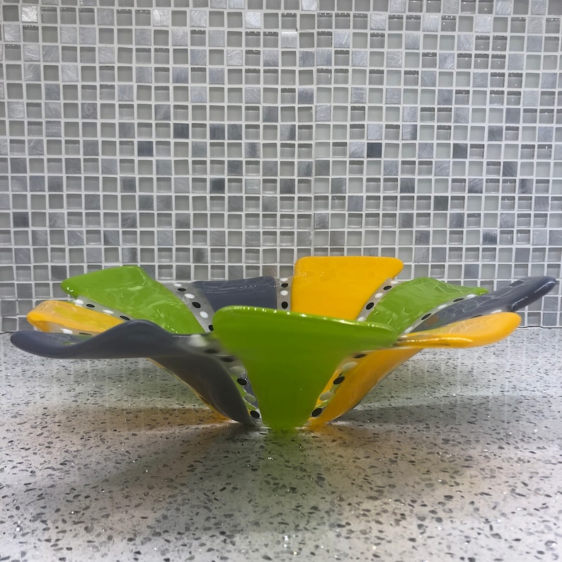 Approx 12 diameter Festive Fused Glass Wavy Bowl in Purple Yellow and Lime Green