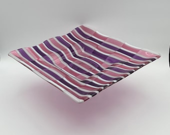 Festive Fused Glass Plate in Pink, Purple and White- 11” Square