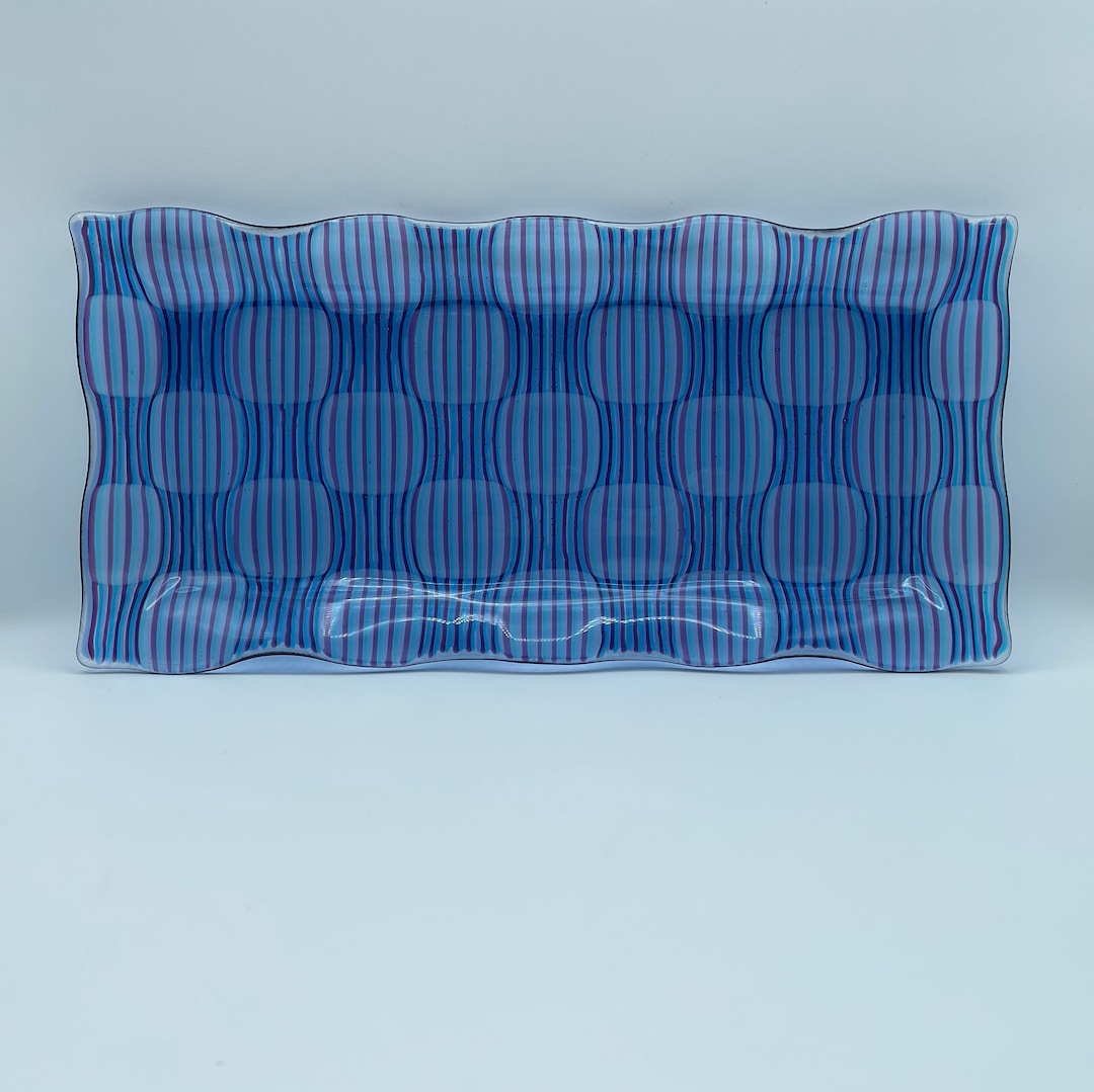 Festive Fused Glass Optical Illusion Platter in Blues and Purple Transparent Glass 14 X 7.25 Etsy