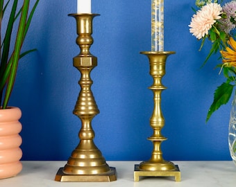 Vintage Brass Candleholders – Mismatched Pair – Boho Brass Candlesticks