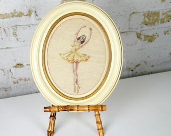 Free US Shipping! Vintage Mid Century Ballerina Needlepoint Yellow Tutu Oval Frame