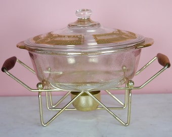 Georges Briard Fire King Casserole – Gold Pear Design – 2 Qt with Warming Stand
