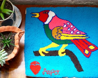 Free US Shipping! Vintage 1980s Handwoven Peru Bird Small Rug or Mat