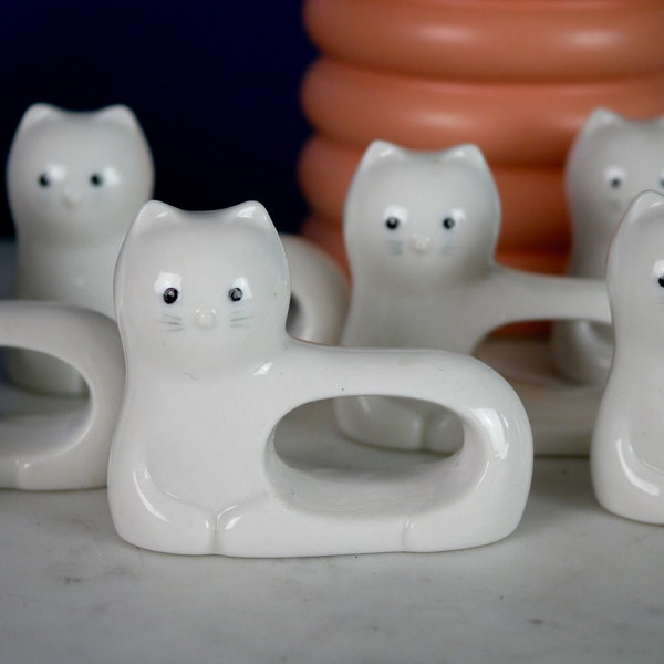 Vintage 1970s Shafford Cat Napkin Rings Holders White Set of 8