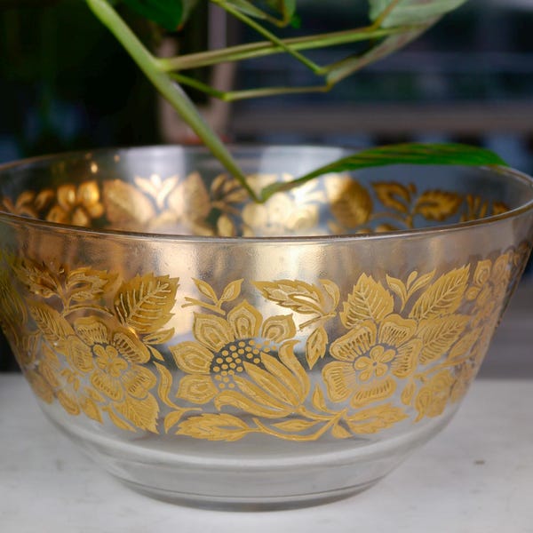 Vintage Georges Briard Gold Floral Serving Bowl – Mid Century Glass Salad Bowl