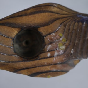May include: A wooden pipe with a dark brown finish and a round bowl. The bowl has a small hole in the center and is surrounded by a light brown ring. The pipe is decorated with a series of lines that run along the length of the pipe.