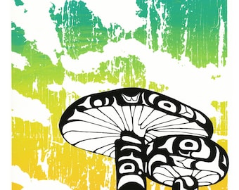 May include: A colorful print featuring two stylized black and white mushrooms against a gradient background of yellow, green, and white. The mushrooms have intricate patterns and are set against a textured, cloudy sky.