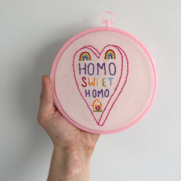 handmade 'homo sweet homo' embroidery hoop design