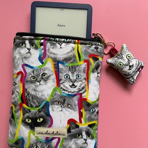 Cat Print Book Sleeve with Matching Cat Charm, Colorful Zipper Book Pouch, Cute Reader Gift, Handmade Fabric Book Cover