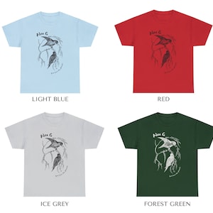 Shirts in light blue, red, ice grey, and forest green (left to right)