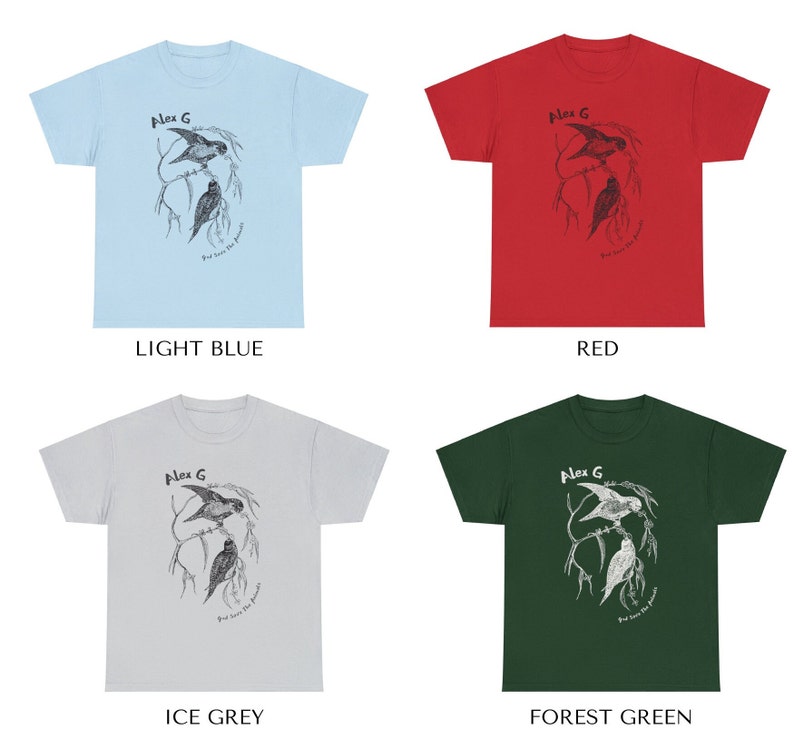 Shirts in light blue, red, ice grey, and forest green (left to right)