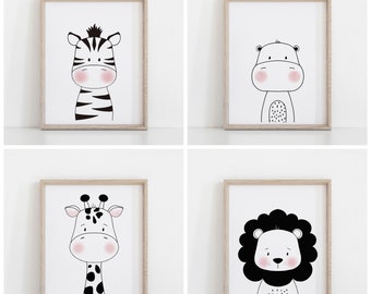 animal illustration, printed poster, black and white, lion, hippopotamus, giraffe, zebra, children's decoration, children's room