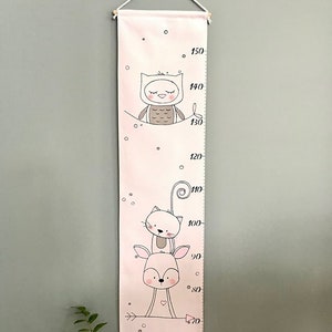 Échelle de croissance animaux, hibou, faon, chat, toise, échelle de grandeur, tissu, règle de croissance, décoration chambre, mesures, bébé