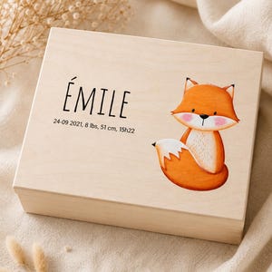 Pode incluir: Uma caixa de madeira clara com o nome "ÉMILE" em letras pretas. À direita, uma raposa de desenho animado com pelo laranja e barriga branca. A caixa também tem a data, o peso (3,6 kg), o comprimento (51 cm) e a hora.