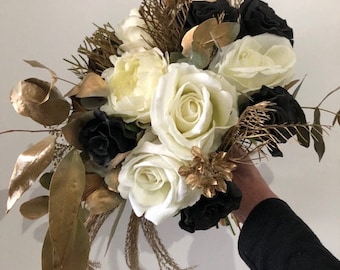 Gorgeous black, gold and white bridal bouquet