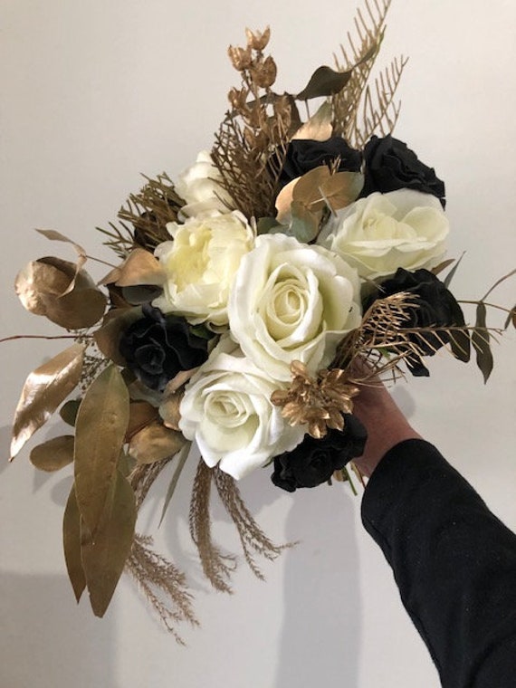 Gorgeous Black Gold And White Bridal Bouquet Etsy