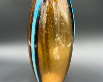 Mid-Century Modern Retro Tall Amber Blue Stripes Blown Glass Bubble Vase