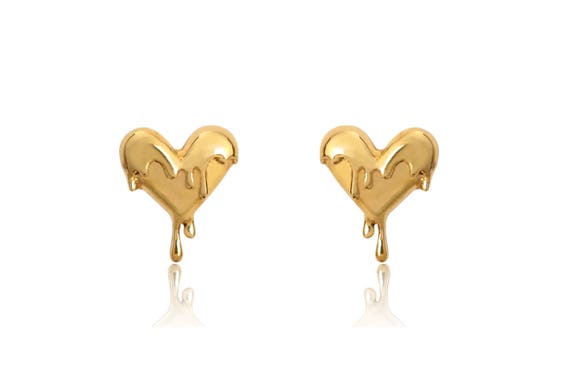 Women S Gold Melting Heart Earrings Studs Small Gold Etsy